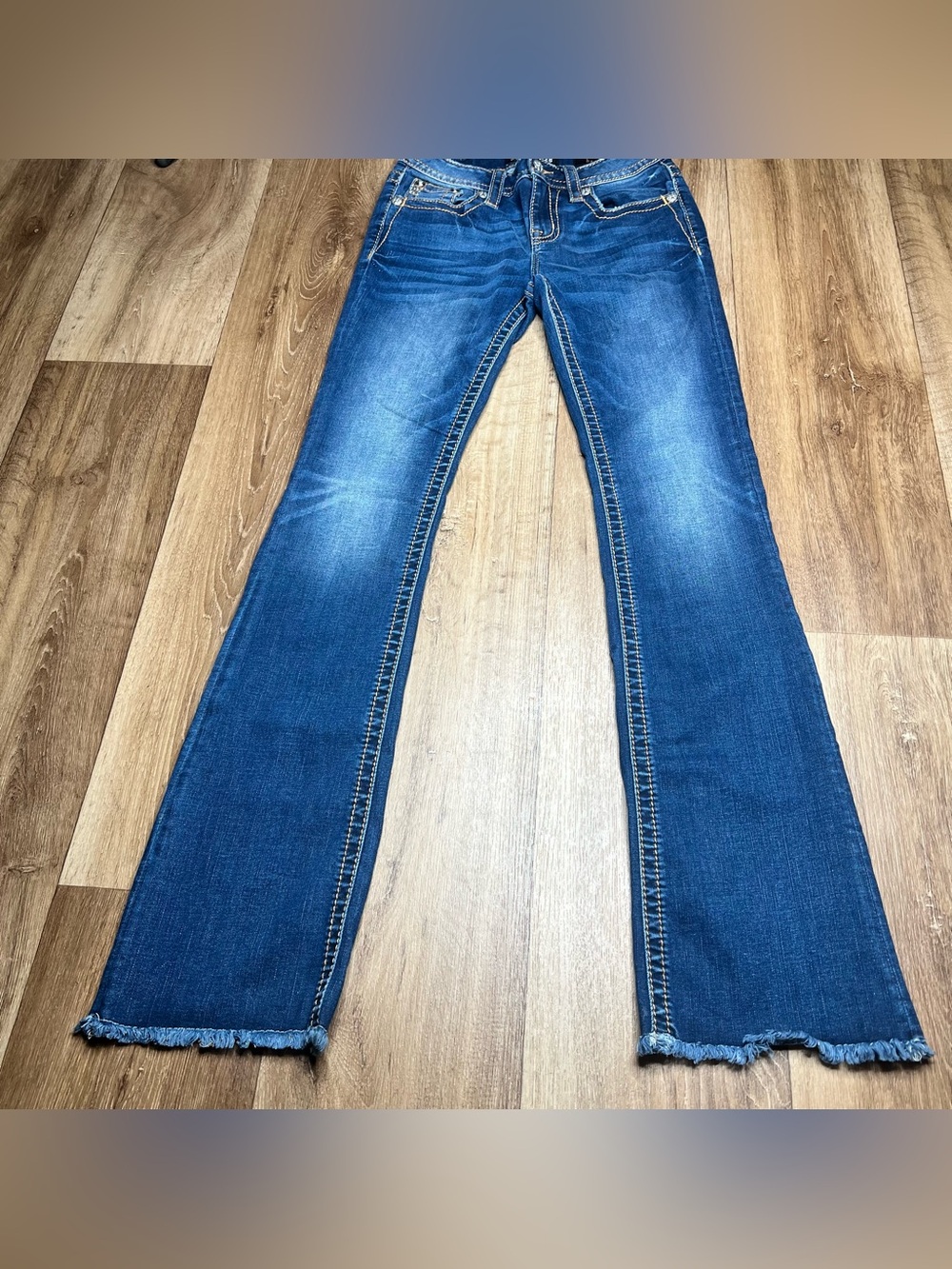 Miss Me Jeans Womens 26 Blue Mid Rise Boot Heaven Distressed Frayed Hem Preppy
